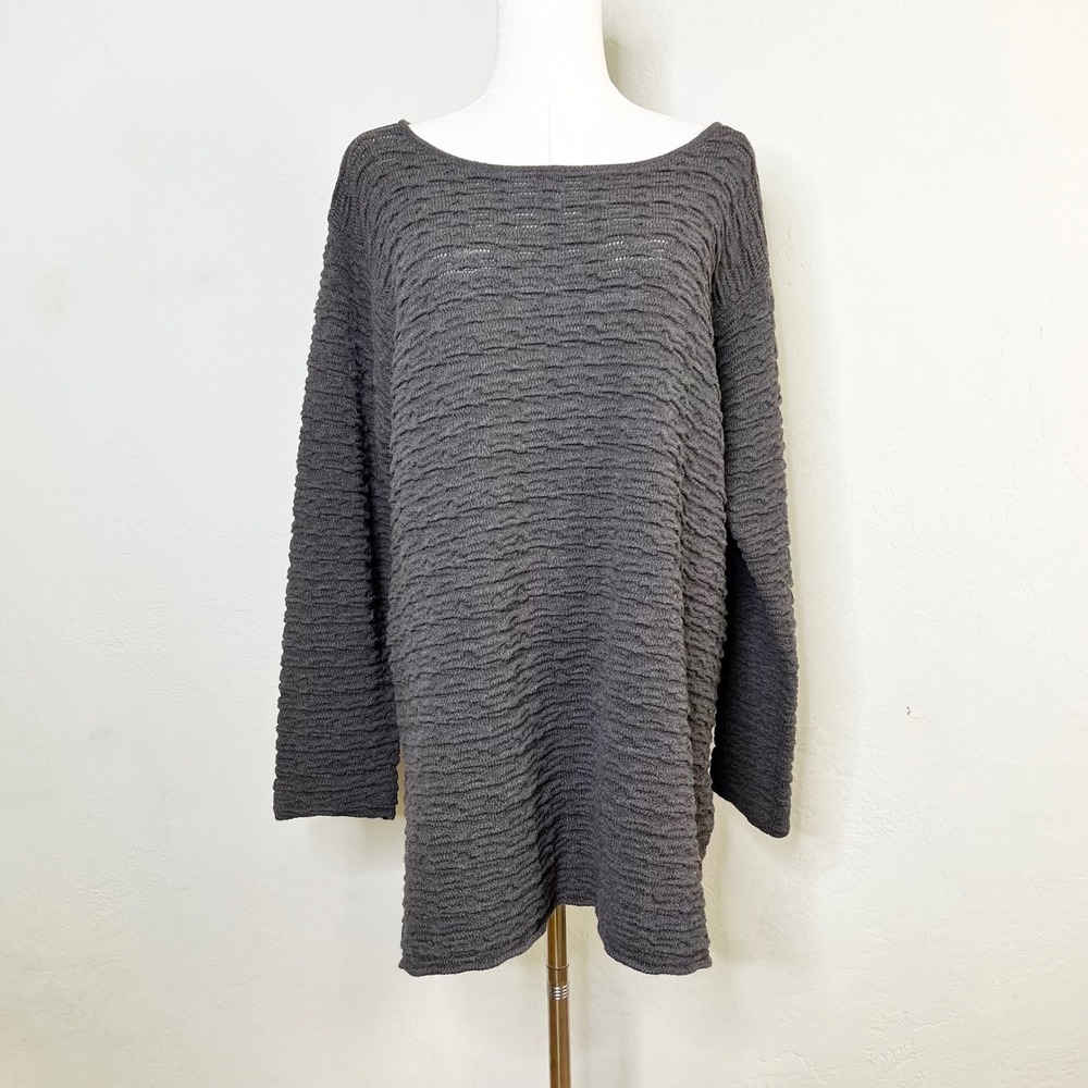 Eileen Fisher Sweater Tunic Boat Neck Size Large Brown 100% Wool Textured